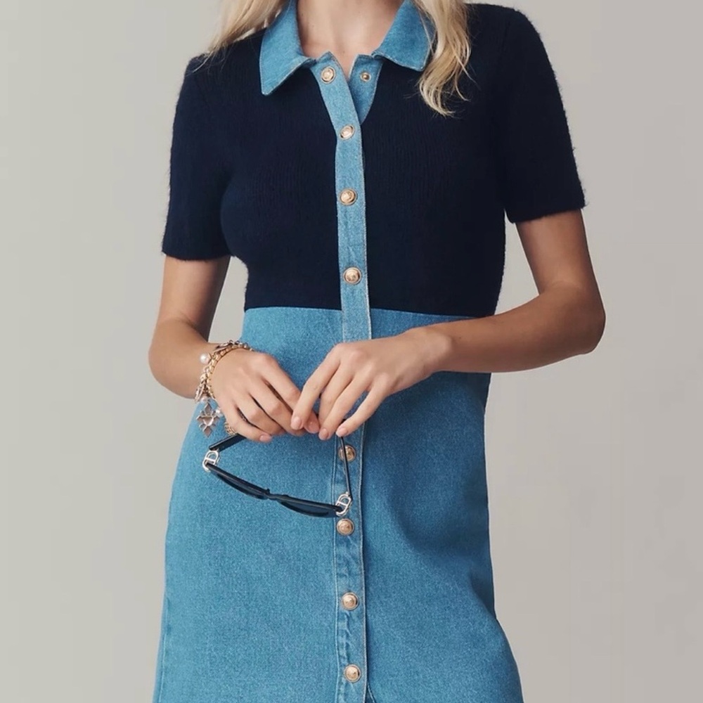 Anthropologie Black and Blue Button-Front Midi Skirt
